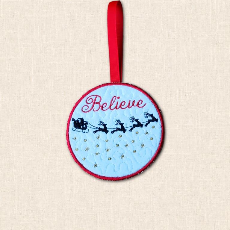 Believe Christmas Tree Ornament - Festive Santa Sleigh Decoration