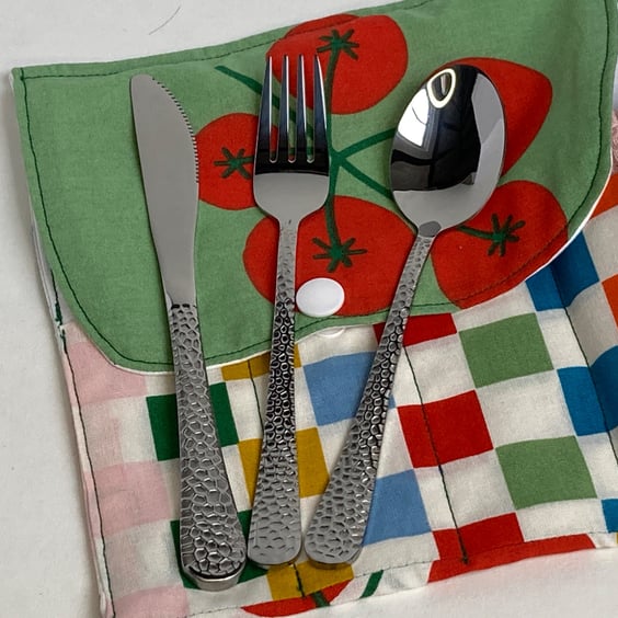 Travel cutlery roll with cutlery, for adults or children. Colourful food design