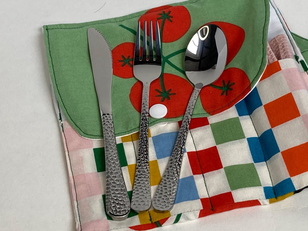 Travel cutlery roll with cutlery, for adults or children. Colourful food design