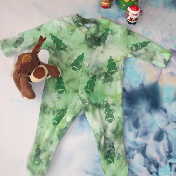 Newborn Christmas Trees Babygrow - Stencilled and Ice-Dyed 