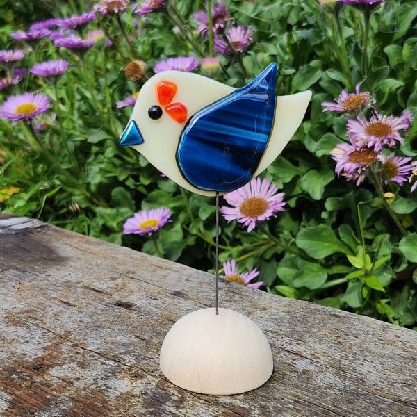 Fused Glass Fantasy Bird Standing on a Wooden Half Sphere