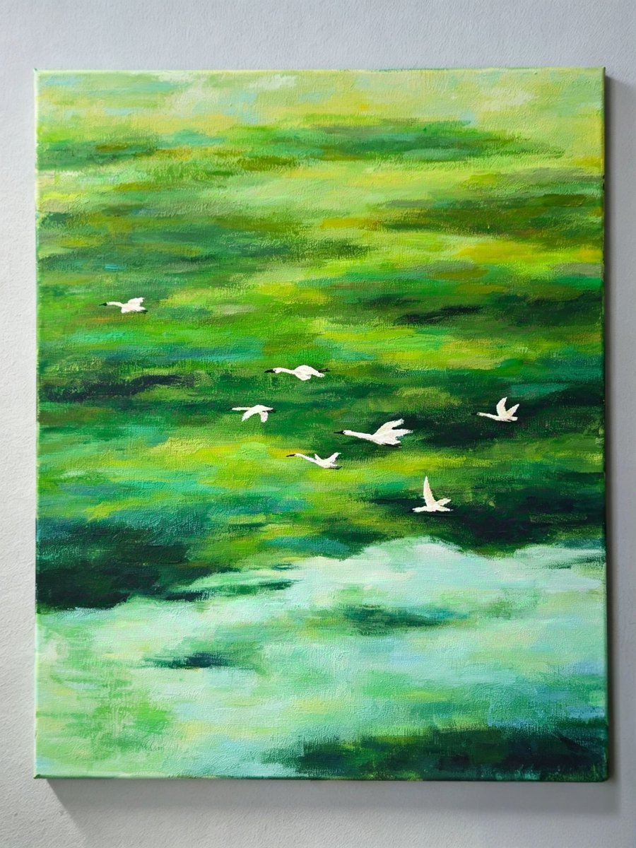 Original Green Acrylic Landscape Painting with Birds on Canvas, 40.6cm x 50cm