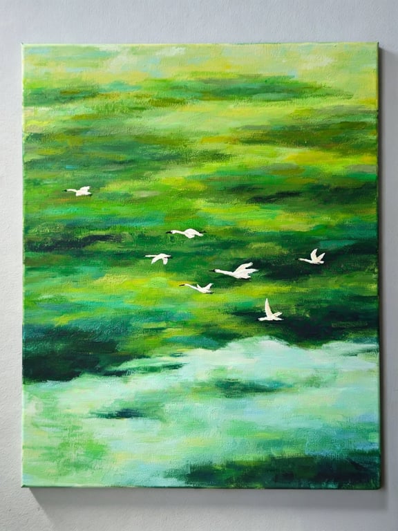 towards the mountains, like cranes-Original Acrylic Painting on Canvas