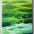 Original Green Acrylic Landscape Painting with Birds on Canvas, 40.6cm x 50cm