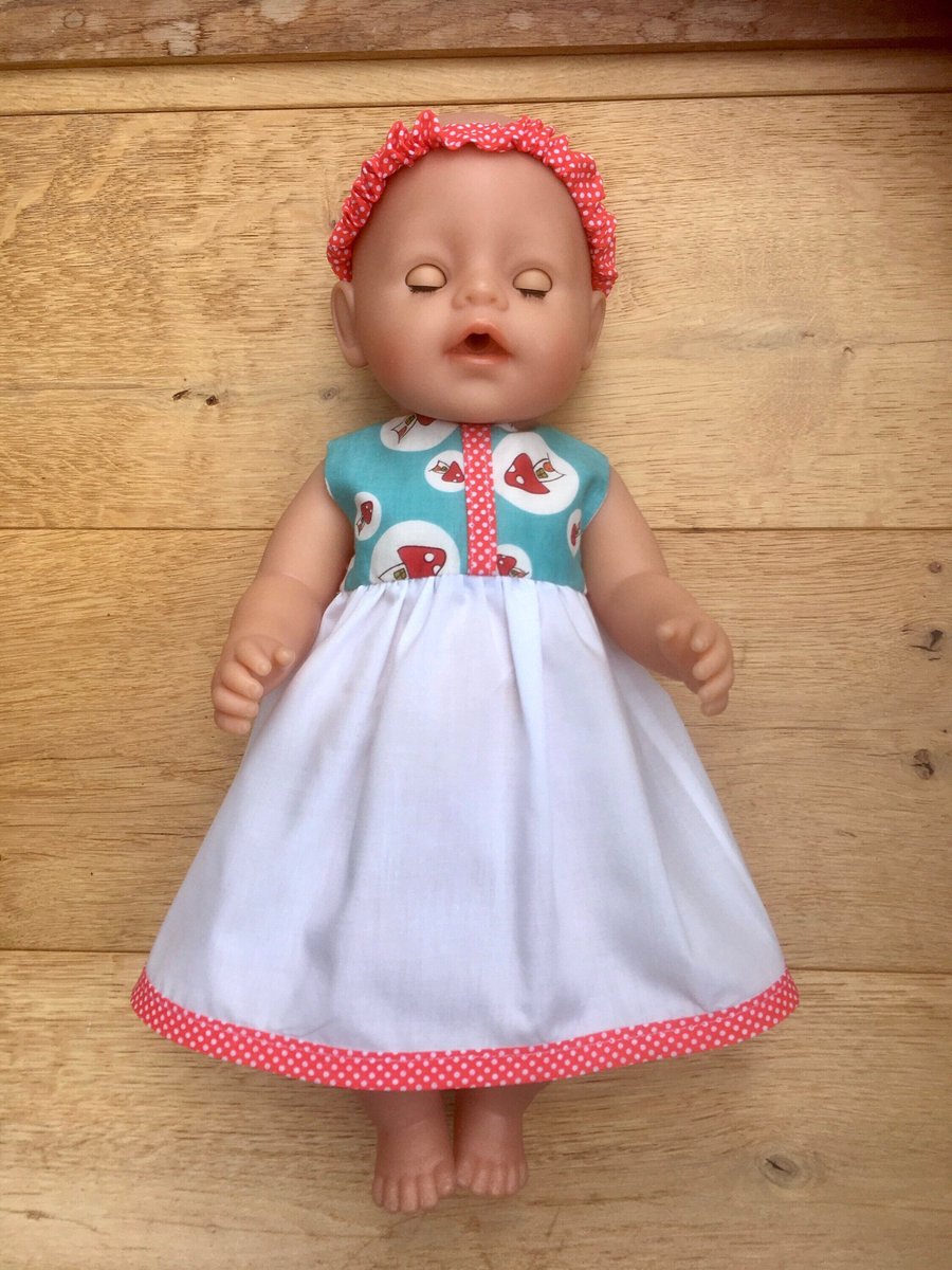 Vintage fabric toadstool dress for Baby Born, Tiny Tears and Our Generation Doll