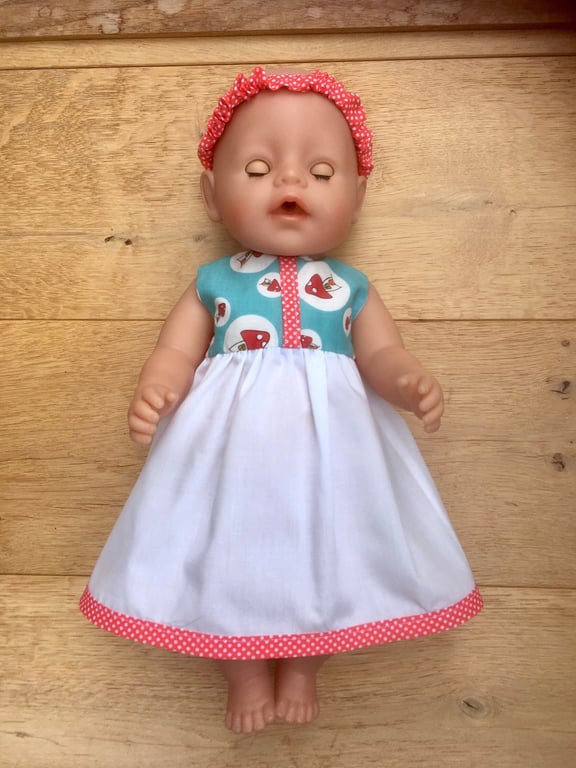 Vintage fabric toadstool dress for Baby Born, Tiny Tears and Our Generation Doll