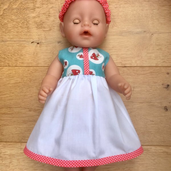 Vintage fabric toadstool dress for Baby Born, Tiny Tears and Our Generation Doll