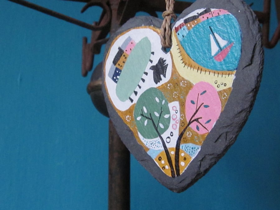 Slate Hanging Heart..Original painting of a landscape