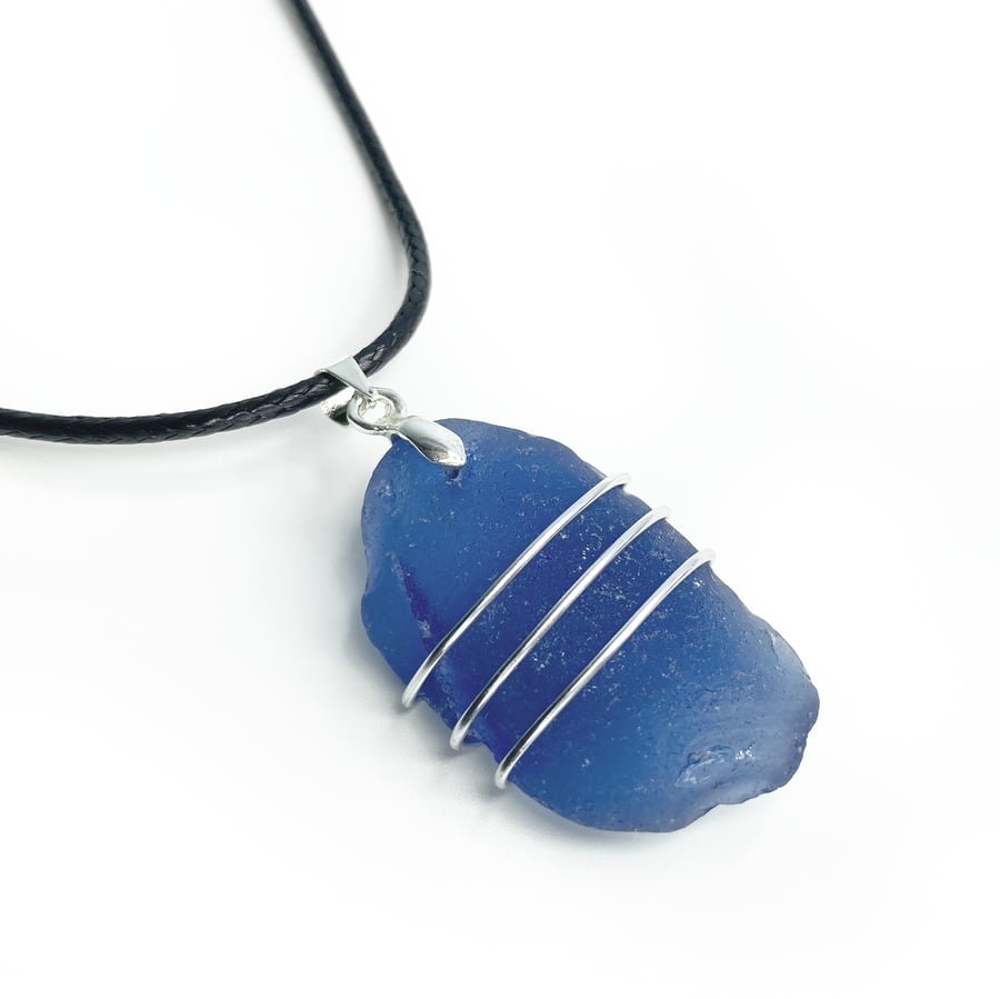 Blue Sea Glass Pendant - Men's or Unisex Handmade Beach Necklace Jewellery