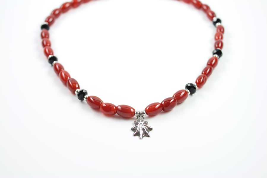 Silver Shell, Red Agate and Black Crystal Necklace