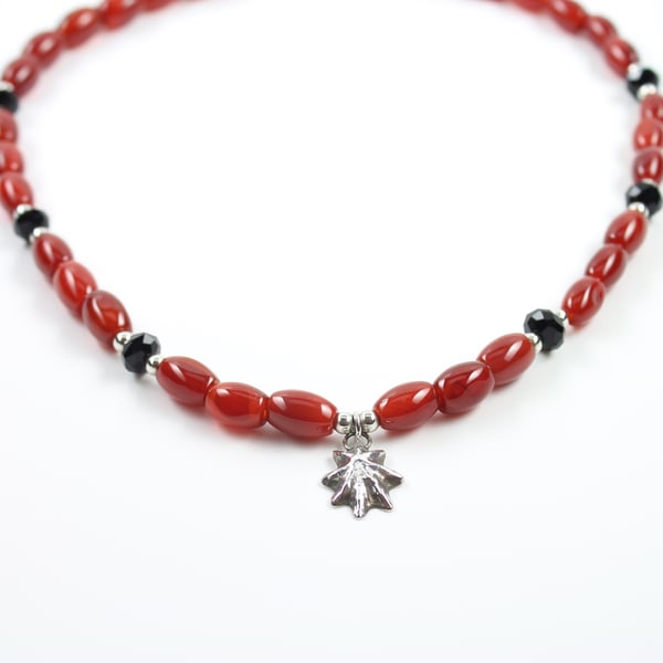 Silver Shell, Red Agate and Black Crystal Necklace