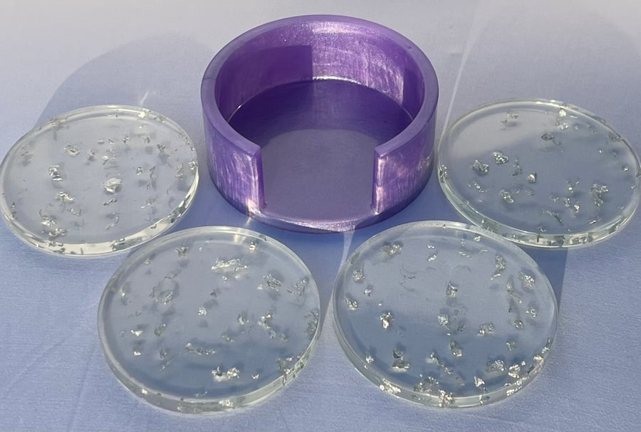 Light purple and silver foil set of 4 coasters with holder