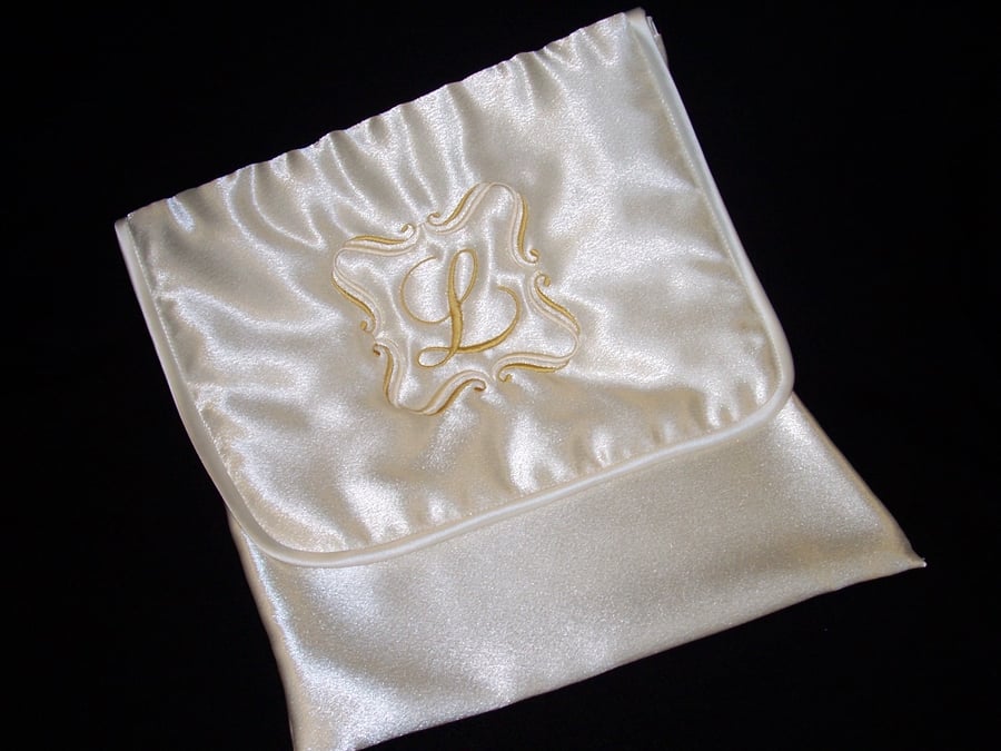  Wedding Case with Embroidered Initial. Ivory Satin Pouch for Bride’s Keepsakes