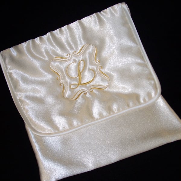  Wedding Case with Embroidered Initial. Ivory Satin Pouch for Bride’s Keepsakes