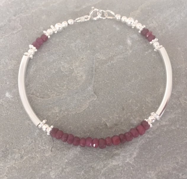  Ruby Sterling Silver Bangle Bracelet, Ruby Noodle Bracelet