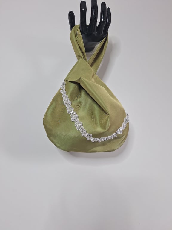 Olive green Taffeta Japanese knot bag with pearl lace detail