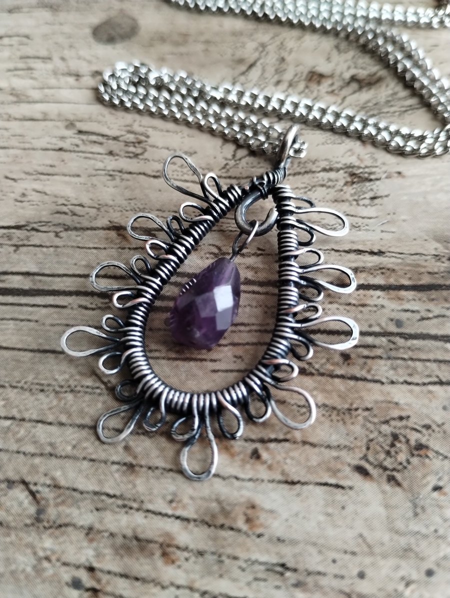 Amethyst Gemstone Gothic Silver Necklace Pendant