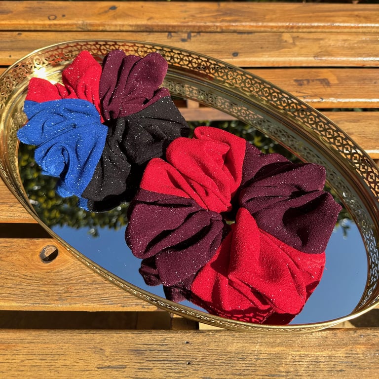 Patchwork Scrunchies, Christmas Party Scrunchies, Silver Metallic Scrunchies