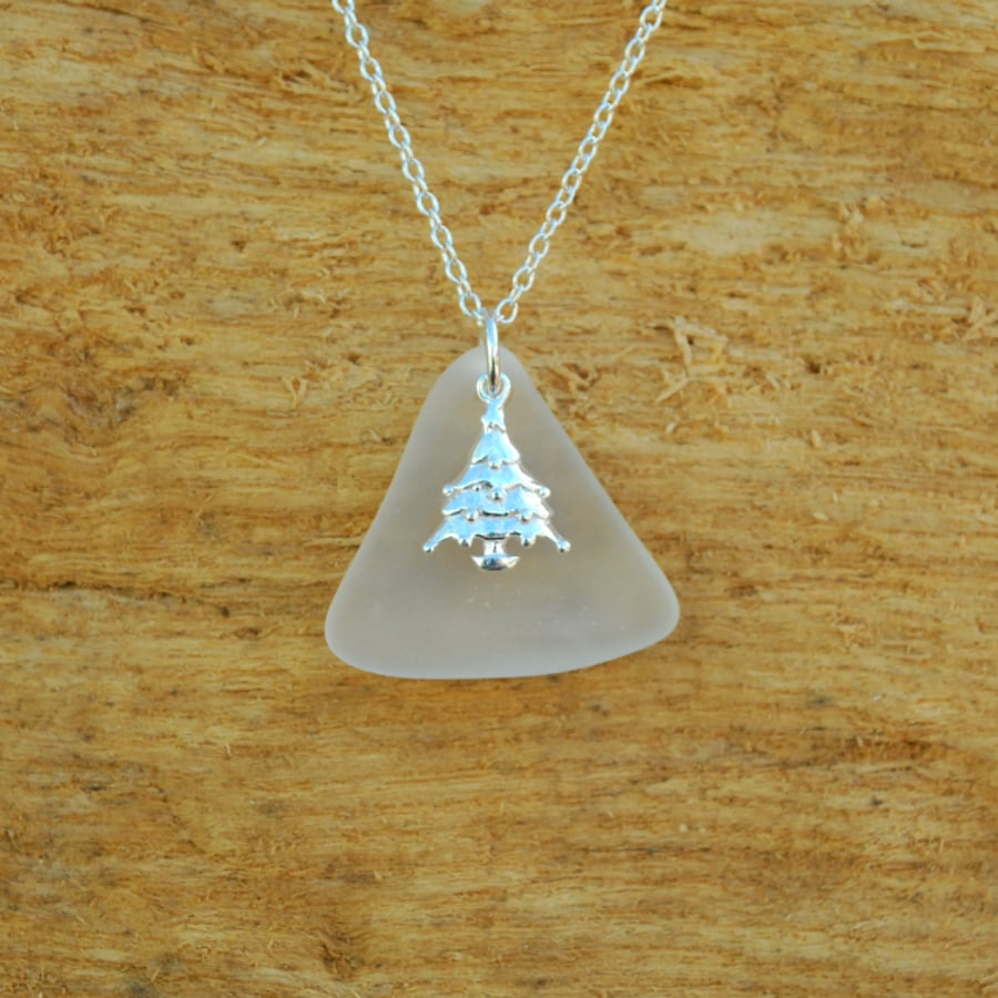 White beach glass pendant with Christmas tree charm
