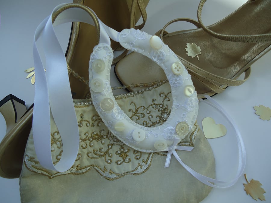 SALE! Hand-Stitched Broderie Anglaise Bridal Horseshoe, Button Embellishment