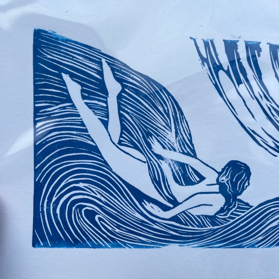 Original handmade wild swim linocut print 