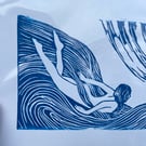 Original handmade wild swim linocut print 