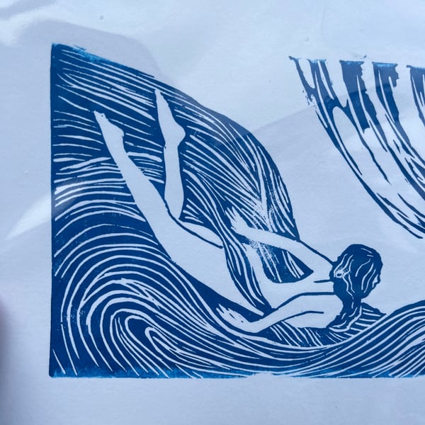 Original handmade wild swim linocut print 