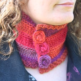 Wool Neckwarmer Cowl In Tropical Colours with Crochet Rose Buttons, Small