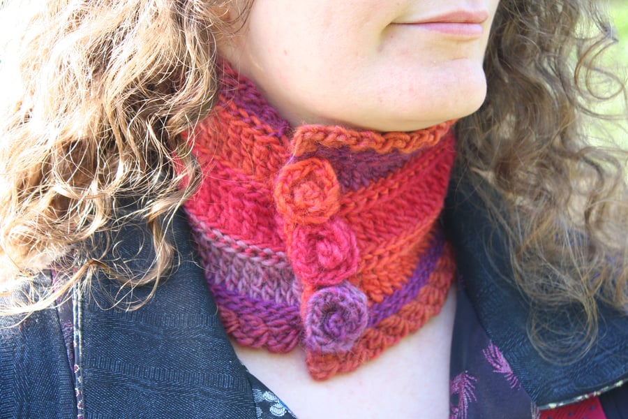 Wool Neckwarmer Cowl In Tropical Colours with Crochet Rose Buttons, Small