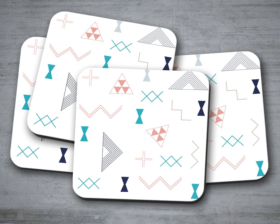 Set of 4 White with Turquoise, Pink, Grey and Black Kilim Design Coasters