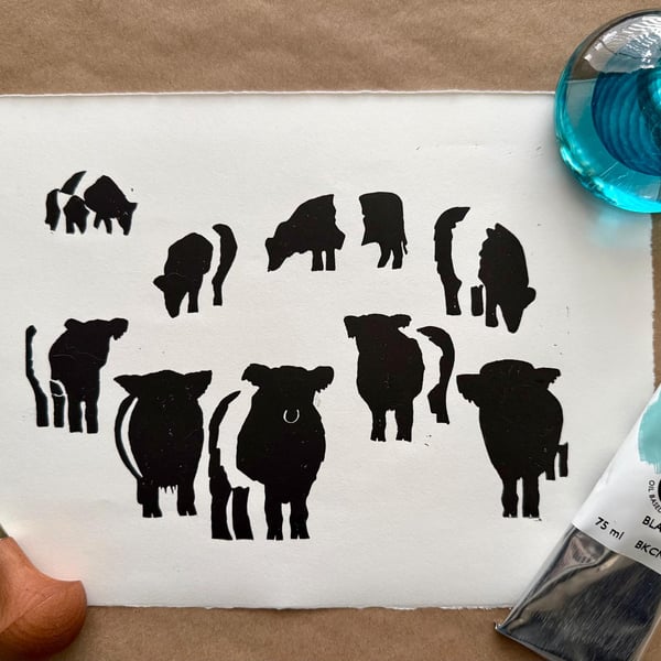 Belties: Hand-Burnished Lino Cut of Belted Galloway cattle