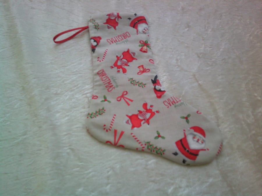 7.5 inch Stocking with Santa, Penguins and Foxes on Grey