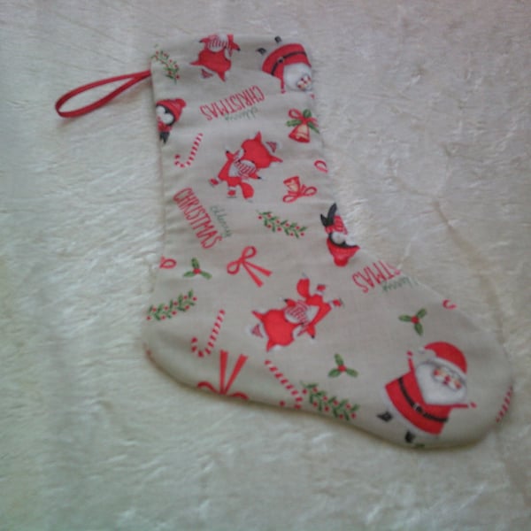 7.5 inch Stocking with Santa, Penguins and Foxes on Grey