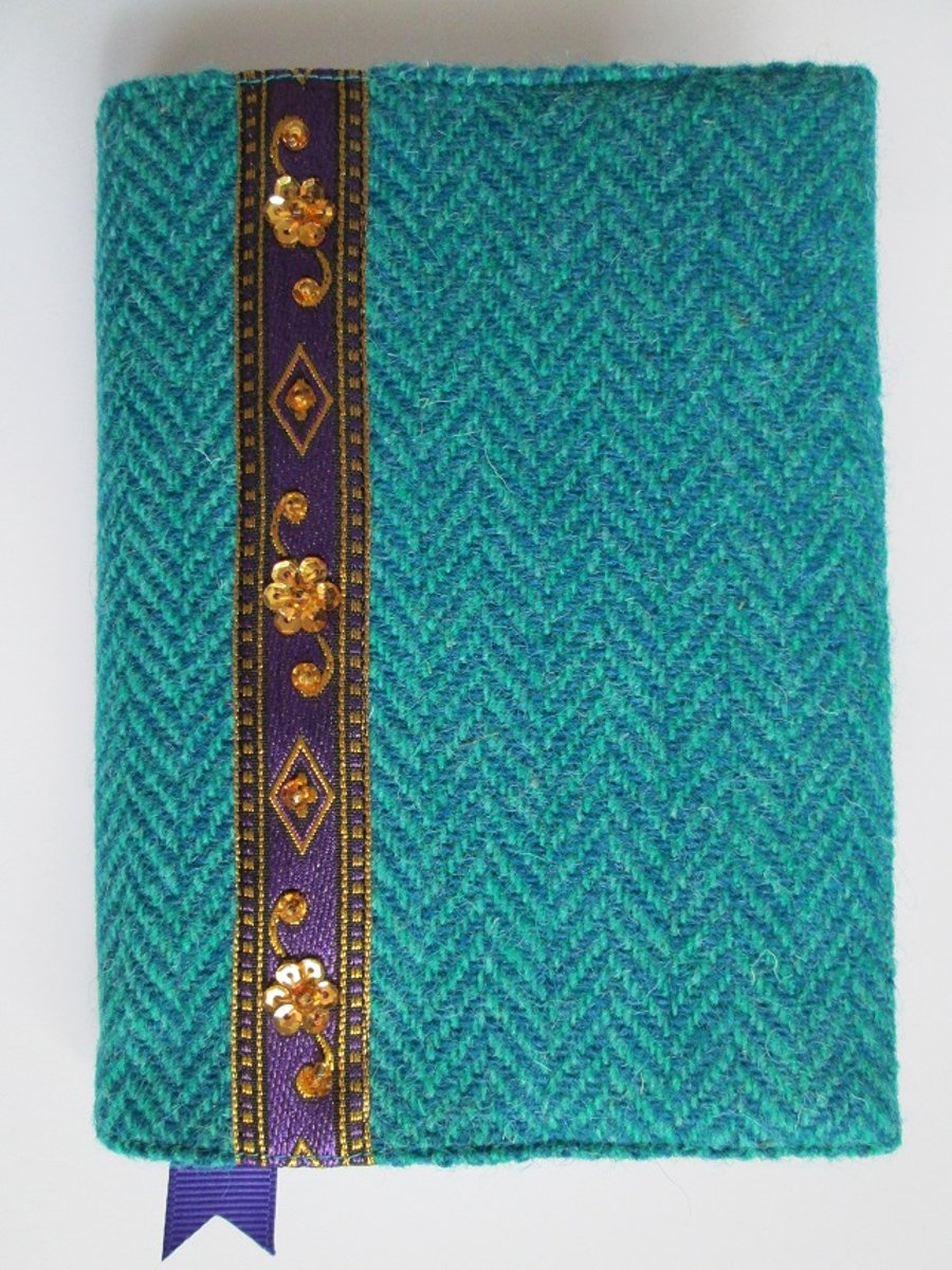 A6 'Harris Tweed' Reusable Notebook Cover - Turquoise with Purple and Gold Braid