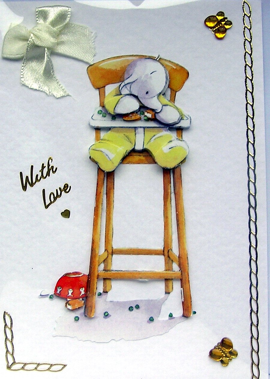 Elephant Calf in High Chair - Hand Crafted 3D Decoupage Card - With Love (2350)