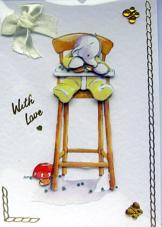 Elephant Calf in High Chair - Hand Crafted 3D Decoupage Card - With Love (2350)