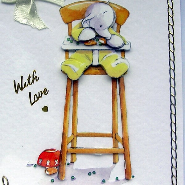 Elephant Calf in High Chair - Hand Crafted 3D Decoupage Card - With Love (2350)
