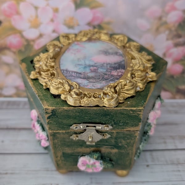 Trinket Box Country Cherry Blossom Regency Style OOAK Handcrafted