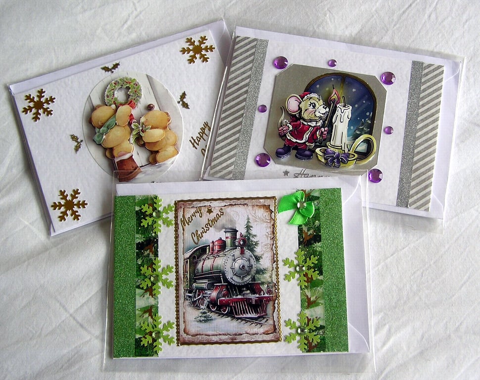 Set of 3 (Three) Beautiful Hand-Crafted Christmas Decoupage Greeting Cards (a)
