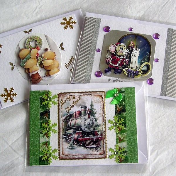 Set of 3 (Three) Beautiful Hand-Crafted Christmas Decoupage Greeting Cards (a)