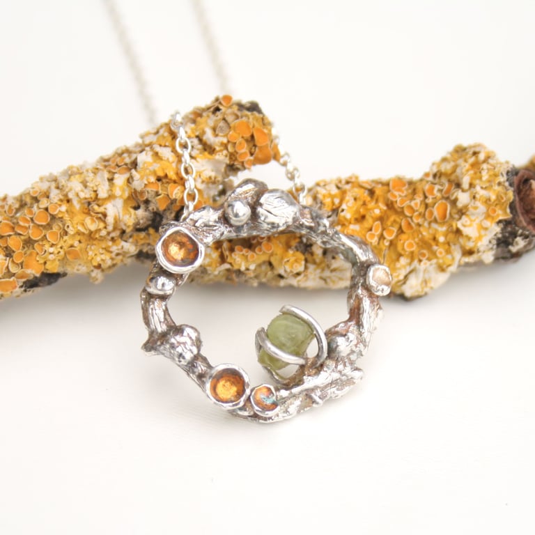 Silver Lichen Twig Necklace with Raw Peridot