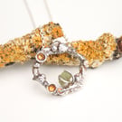 Silver Lichen Twig Necklace with Raw Peridot