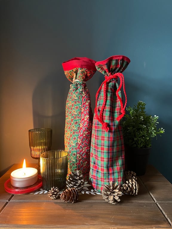 Pair of Christmas Fabric Bottle Gift Bags