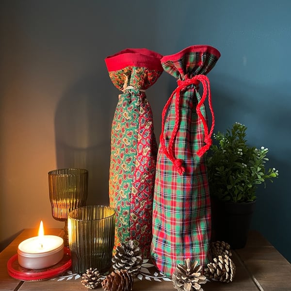Pair of Christmas Fabric Bottle Gift Bags
