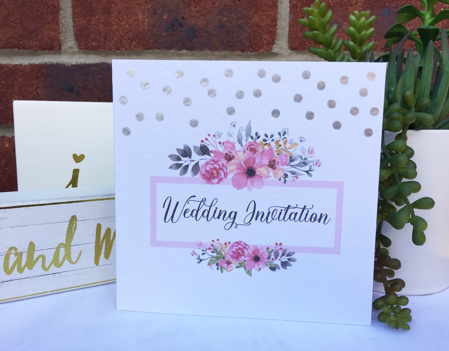 PERSONALISED wedding floral invitation flowers invite silver polka dots confetti