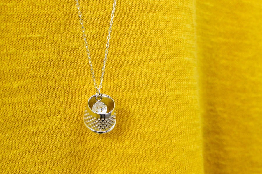 Thimble and button necklace, tailors thimble, silver necklace