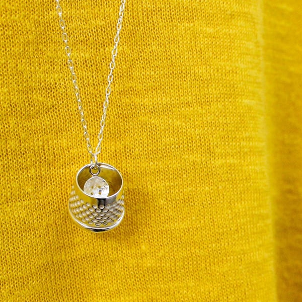 Thimble and button necklace, tailors thimble, silver necklace