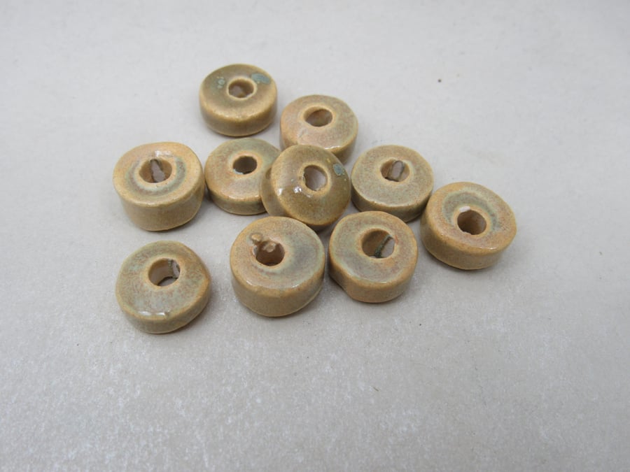 10 Small Old Gold Glazed Ceramic Washer Beads