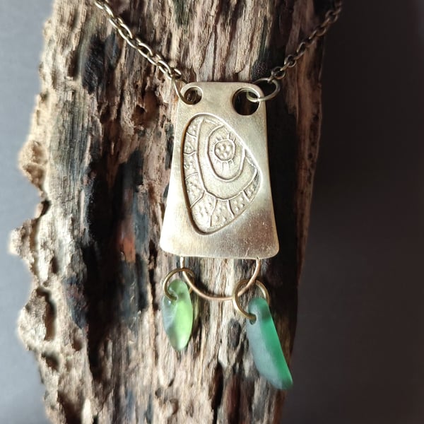 Bronze and seaglass pendant, unique, repurposed, seaglass