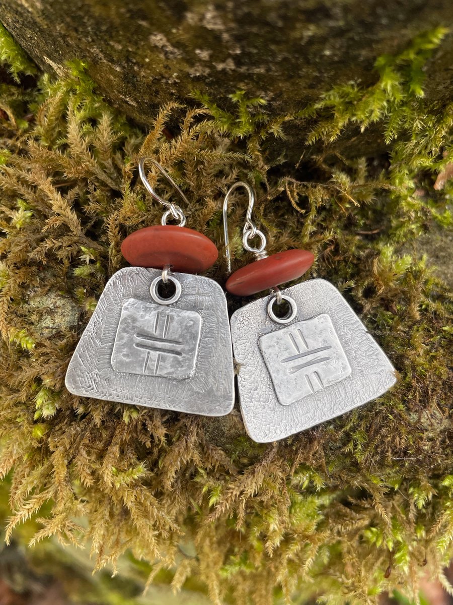 Large oxidised silver and red jasper Tag earrings